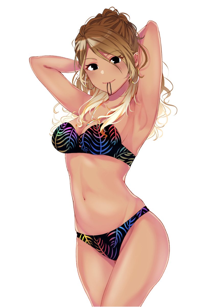 1girl, absurdres, armpits, arms_behind_head, arms_up, bare_shoulders, bikini, black_bikini, black_eyes, blonde_hair, blush, breasts, brown_hair, cleavage, closed_mouth, collarbone, dark-skinned_female, dark_skin, earrings, female_focus, gradient_hair, gyaru, hair_between_eyes, highres, hoop_earrings, idolmaster, idolmaster_shiny_colors, izumi_mei, jewelry, long_hair, looking_at_viewer, medium_breasts, mouth_hold, multicolored_hair, navel, no_1pafu, parted_bangs, simple_background, smile, solo, swimsuit, thighs, white_background