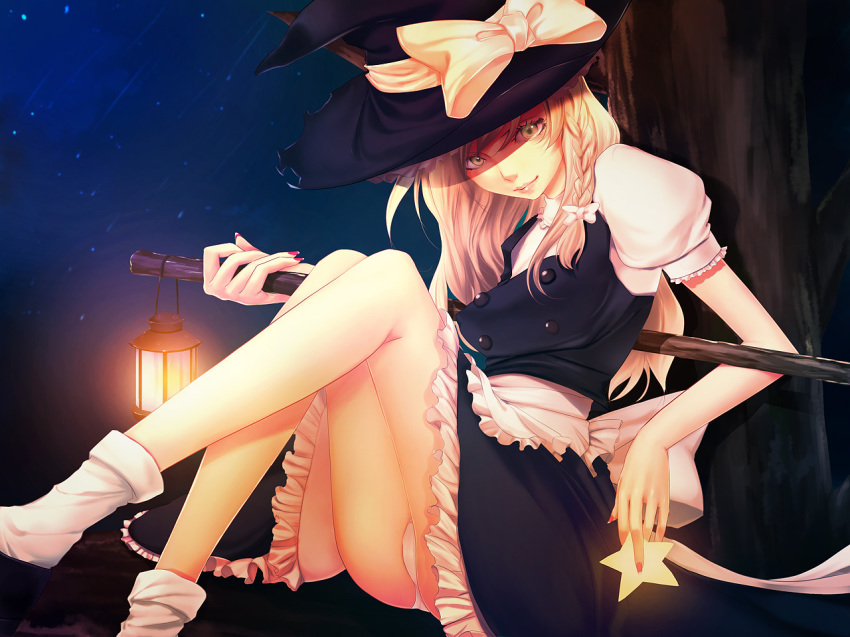 1girl, against_tree, bad_id, bad_pixiv_id, blonde_hair, braid, brown_eyes, female_focus, hat, kirisame_marisa, lantern, legs, lips, long_hair, nail_polish, panties, pantyshot, pink_nails, sitting, smile, socks, solo, star_(symbol), touhou, tree, underwear, witch, witch_hat, yoshimune_(b12f)
