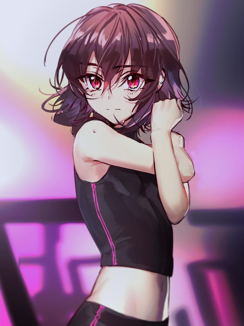 1girl, absurdres, arm_across_chest, armpits, bare_shoulders, black_shirt, blouse, blurry