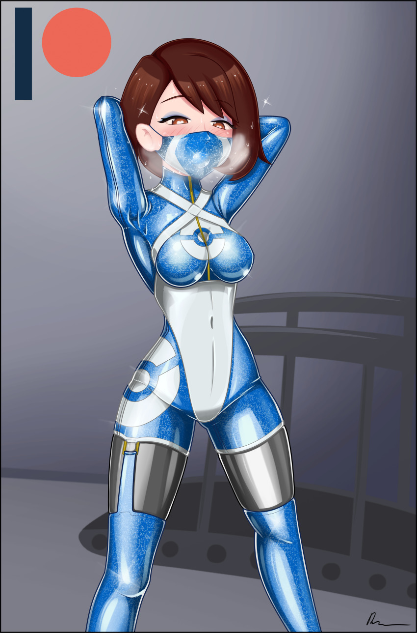 1girl, absurdres, arms_behind_head, blue_bodysuit, blush, bodysuit, breasts, breath, breathing_(animated), brown_eyes, brown_hair, covered_navel, eyeshadow, gloria_(pokemon), heart, heart-shaped_pupils, highres, large_breasts, latex, latex_bodysuit, latex_leotard, latex_mask, leotard, makeup, mask, mouth_mask, navel, nintendo, poke_ball, pokemon, pokemon_sword_and_shield, rosvo, shiny_clothes, short_hair, symbol-shaped_pupils, thighs