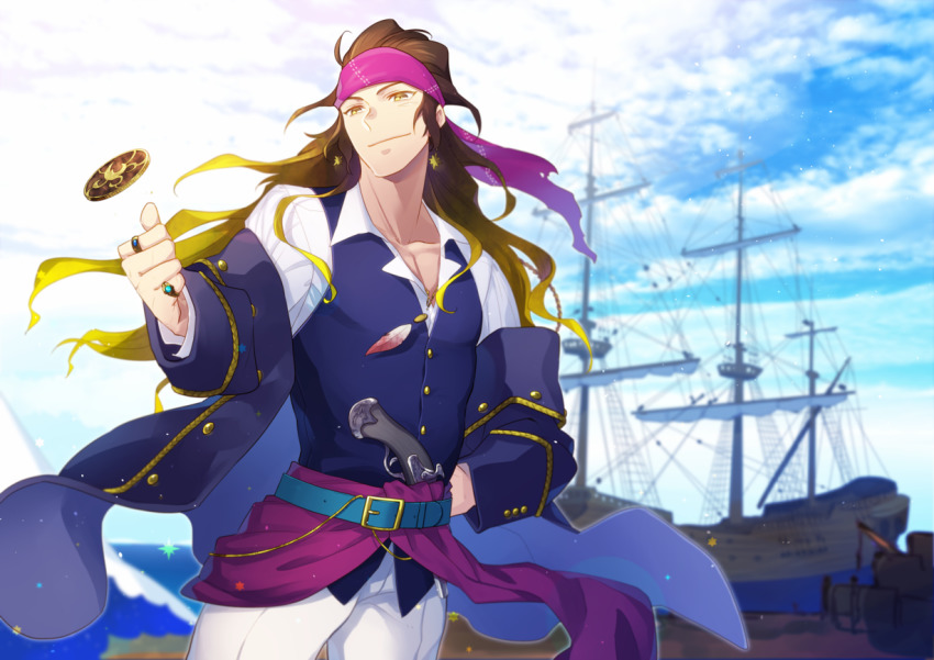 1boy, bandana, belt, blonde_hair, blue_sky, brown_hair, cloud, coin