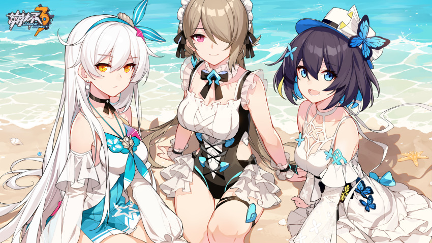 3girls, beach, black_hair, blue_eyes, brown_hair, bug, butterfly, dress