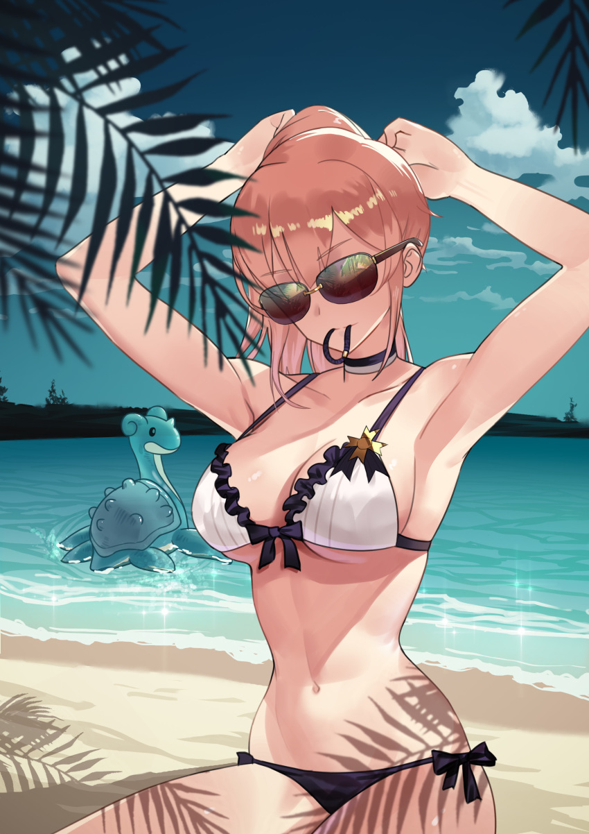 1girl, absurdres, armpits, arms_up, beach, bikini, breasts, choker, cleavage, closed_mouth, collarbone, cowboy_shot, day, frilled_bikini, frills, front-tie_bikini_top, front-tie_top, gen_1_pokemon, girls'_frontline, hair_between_eyes, hair_tie, hair_tie_in_mouth, highres, jizhi_shaojiu, lapras, large_breasts, leaf, long_hair, midriff, mouth_hold, navel, nintendo, ocean, official_alternate_costume, pink_hair, pokemon, pokemon_(creature), r93_(girls'_frontline), r93_(holiday_lucky_star)_(girls'_frontline), sand, side-tie_bikini_bottom, sidelocks, sitting, sunglasses, swimsuit, tinted_eyewear, water