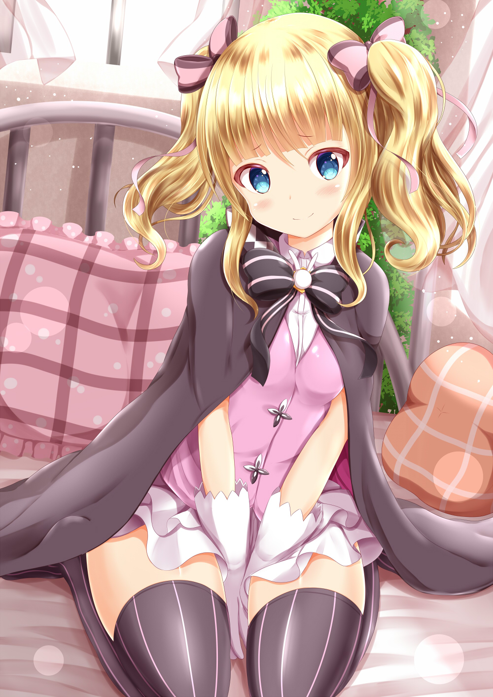 1girl, between_legs, black_bow, black_cape, black_thighhighs, blonde_hair, blue_eyes, blunt_bangs