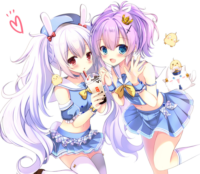 2girls, :d, :o, animal, animal_ears, azur_lane, baby_animal, beret, bird, blue_eyes, blue_headwear, blue_shirt, blue_skirt, blue_sleeves, blush, bow, brown_footwear, bubble_tea, cat, chick, commentary_request, crop_top, crown, cup, detached_sleeves, disposable_cup, drinking_straw, hair_between_eyes, hair_ribbon, hat, heart, highres, holding, holding_cup, javelin_(azur_lane), javelin_(let's_become_waitresses!)_(azur_lane), laffey_(azur_lane), laffey_(bunny_clerk?)_(azur_lane), long_hair, manjuu_(azur_lane), meowficer_(azur_lane), midriff, mini_crown, multiple_girls, navel, open_mouth, parted_lips, pleated_skirt, puffy_short_sleeves, puffy_sleeves, purple_hair, rabbit_ears, red_bow, red_eyes, ribbon, sailor_collar, shirt, shoes, short_sleeves, silver_hair, simple_background, skirt, sleeveless, sleeveless_shirt, smile, standing, standing_on_one_leg, thighhighs, tilted_headwear, twintails, very_long_hair, white_background, white_legwear, white_ribbon, white_sailor_collar, wrist_cuffs, yuutsuki_hina