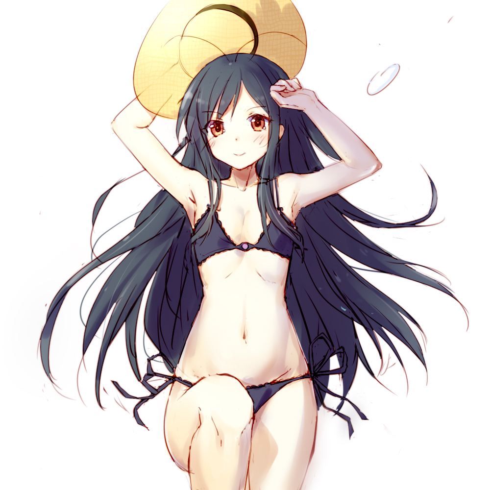 1girl, accel_world, aged_up, armpits, arms_up, bikini, black_bikini, black_hair, blush, closed_mouth, female_focus, flat_chest, from_above, groin, hat, kuroyukihime, leg_up, long_hair, looking_at_viewer, lying, navel, neet_cangshu, on_back, orange_eyes, side-tie_bikini_bottom, simple_background, sketch, smile, solo, sun_hat, swimsuit, unworn_hat, unworn_headwear, very_long_hair, white_background, yellow_hat