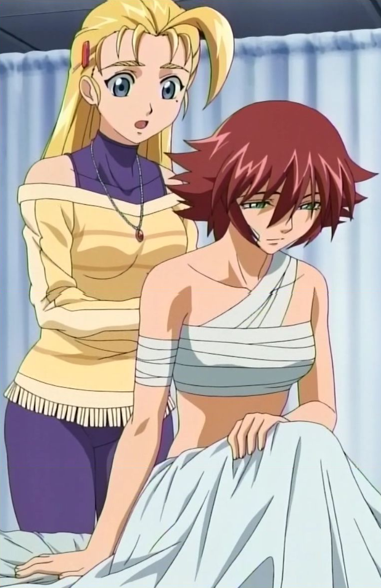 00s, 10s, 2girls, anime_screenshot, blonde_hair, bodysuit, brown_hair, furinji_miu, long_hair, multiple_girls, nanjou_kisara, screencap, shijou_saikyou_no_deshi_ken'ichi, short_hair