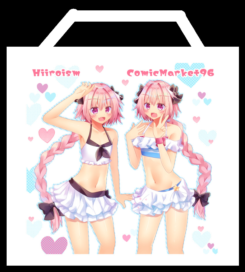 1boy, astolfo_(fate), astolfo_(sparkling_frills)_(fate), bare_arms, bare_shoulders, bikini, bikini_skirt, black_bow, blush, bow, braid, collarbone, commentary_request, fang, fate/apocrypha, fate_(series), hair_bow, hair_intakes, hair_ribbon, highres, hiiro_yuya, long_braid, long_hair, looking_at_viewer, male_focus, multicolored_hair, multiple_views, navel, off-shoulder_bikini, off_shoulder, official_alternate_costume, open_mouth, pink_hair, purple_eyes, ribbon, single_braid, smile, standing, streaked_hair, swimsuit, trap