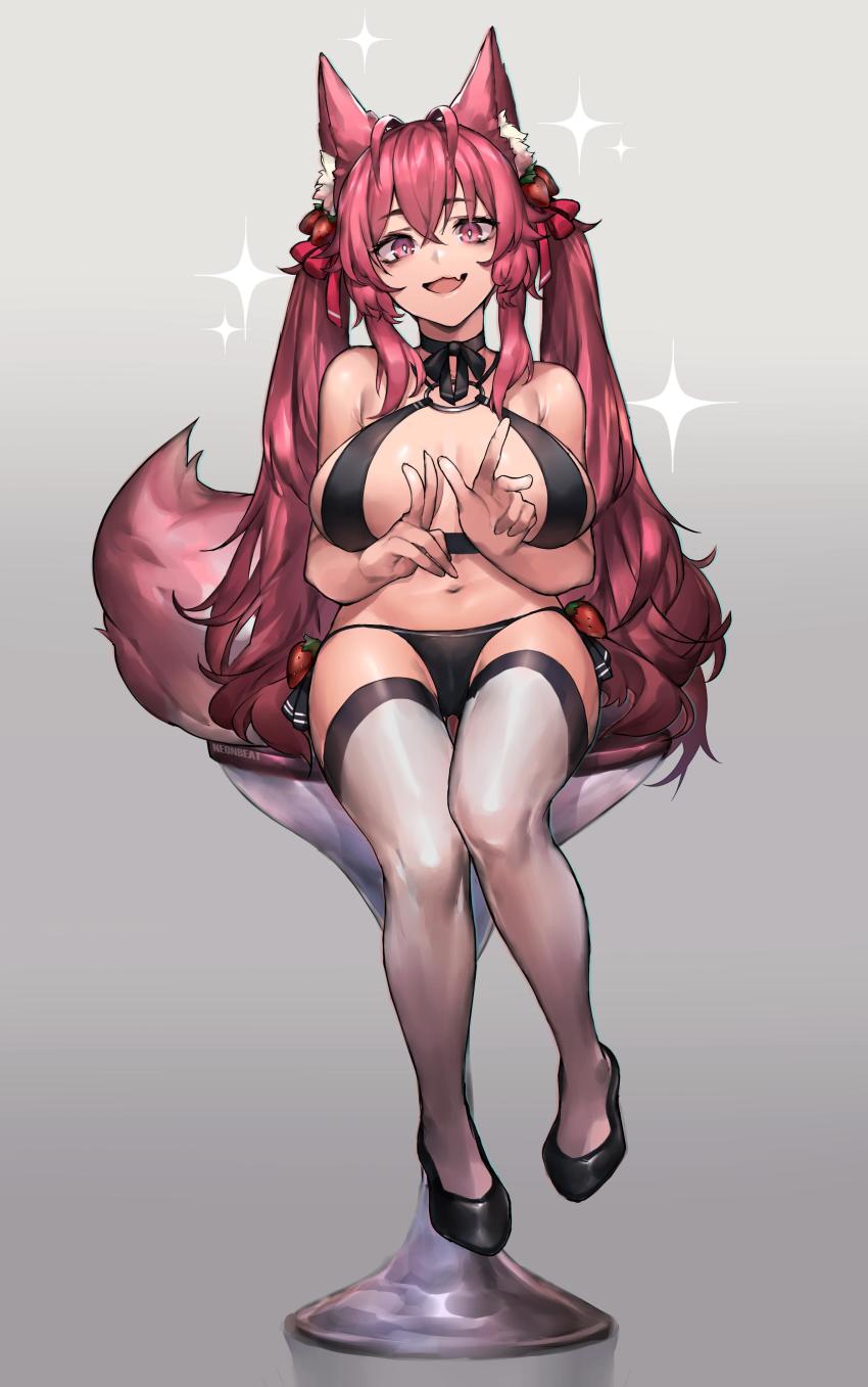 1girl, :d, absurdres, animal_ear_fluff, animal_ears, bikini, black_bikini, black_footwear
