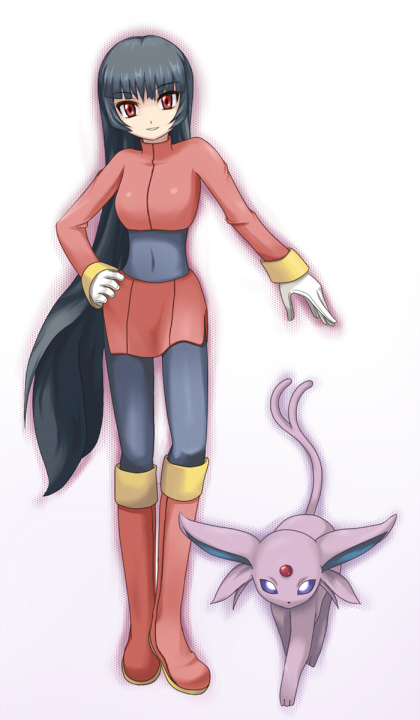 1990s_(style), 1girl, black_bodysuit, black_hair, bodysuit, boots, espeon, gen_2_pokemon