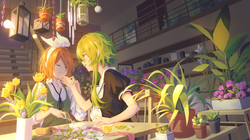 2girls, apron, bad_id, bad_pixiv_id, blonde_hair, bouquet, bow, chair