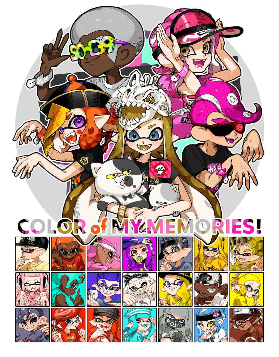 6+girls, afro, animal, autobomb_(splatoon), baseball_cap, bracelet, cat, crown