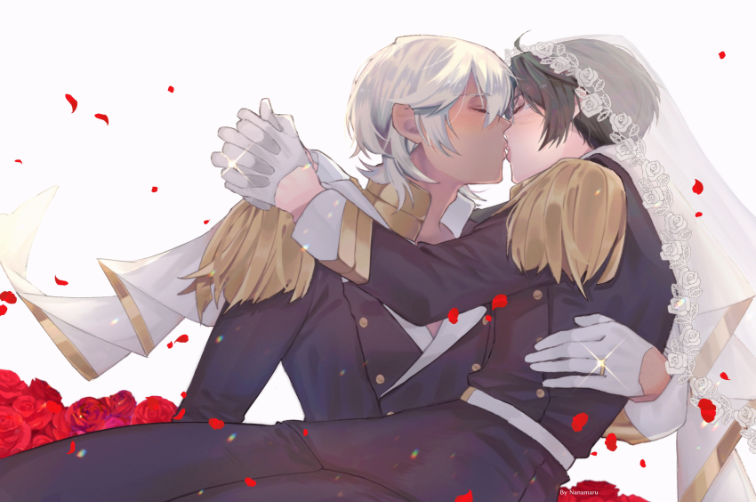 2boys, akutsu_mabu, artist_name, bad_id, bad_pixiv_id, black_hair, blush, bridal_veil, carrying, closed_eyes, dark-skinned_male, dark_skin, epaulettes, flower, glint, gloves, highres, holding_hands, husband_and_husband, iqnanaa, jewelry, kiss, male_focus, multiple_boys, niiboshi_reo, petals, princess_carry, ring, rose, sarazanmai, simple_background, standing, upper_body, veil, white_background, white_gloves, white_hair, yaoi