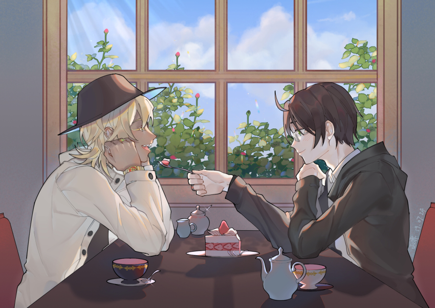 2boys, akutsu_mabu, black_hair, black_headwear, black_jacket, blonde_hair, blue_sky, blush, cake, cake_slice, chair, cloud, cup, dark_skin, dark-skinned_male, dated, day, elbows_on_table, eye_contact, feeding, food, fork, fruit, glasses, glint, green_eyes, hat, highres, hongxiaoyuji, jacket, jewelry, long_sleeves, looking_at_another, male_focus, multiple_boys, niiboshi_reo, open_mouth, ring, sarazanmai, shadow, sharp_teeth, sitting, sky, spoon, strawberry, table, teacup, teapot, teeth, watch, white_jacket, window, wristwatch, yaoi