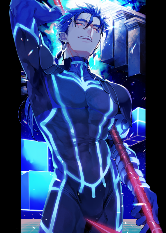 1boy, black_bodysuit, blue_bodysuit, blue_hair, bodysuit, cu_chulainn_(fate), cu_chulainn_(fate/extra), earrings