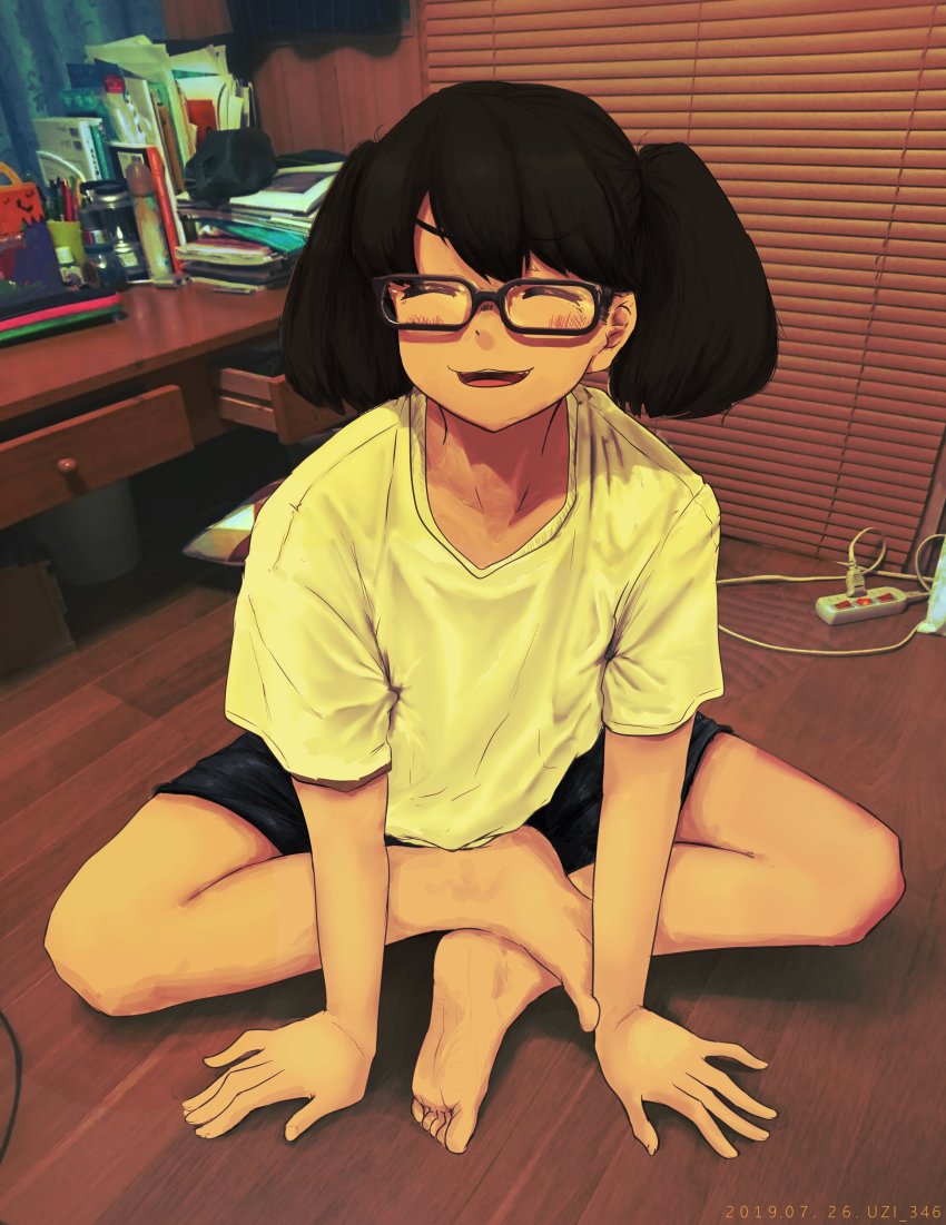 1girl, absurdres, artist_name, barefoot, brown_hair, casual, closed_eyes, dated, female_focus, glasses, highres, indian_style, kantai_collection, photo_background, ryuujou_(kancolle), shirt, shorts, sitting, solo, twintails, uzi_346, white_shirt