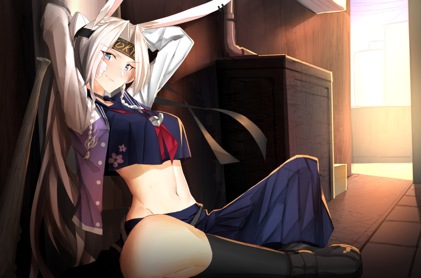 1girl, animal_ears, arms_behind_head, arms_up, azur_lane, bad_id, bad_pixiv_id, bandaid