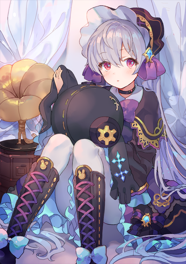 1girl, black_boots, black_choker, black_dress, blue_bow, boots, bow, bowtie, choker, convenient_leg, curtains, daredattakke, dress, female_focus, king's_raid, knee_boots, knees_up, lace-up_boots, lavril_(king's_raid), long_hair, long_sleeves, looking_at_viewer, pantyhose, parted_lips, phonograph, pink_eyes, purple_bow, silver_hair, sitting, solo, stuffed_animal, stuffed_rabbit, stuffed_toy, very_long_hair, white_pantyhose