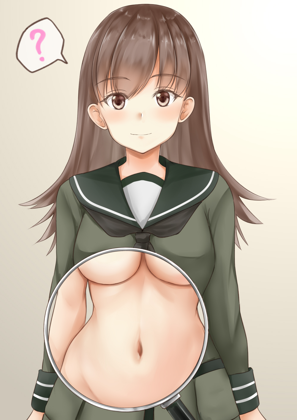 1girl, ?, breasts, brown_eyes, brown_hair, commentary_request, female_focus, green_shirt, grey_background, highres, kantai_collection, koru_pera, long_hair, long_sleeves, medium_breasts, navel, neckerchief, ooi_(kancolle), school_uniform, serafuku, shirt, solo, speech_bubble, spoken_question_mark, underboob, upper_body, x-ray_vision