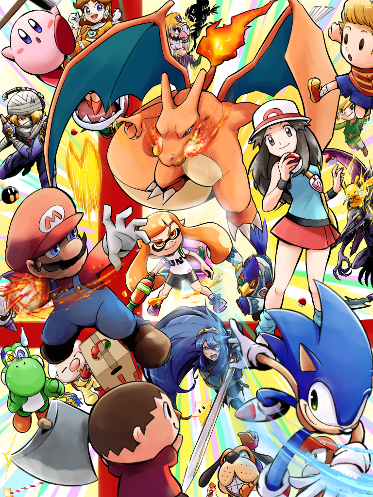 5girls, animal_crossing, axe, ayo009, bag, blonde_hair, blue_pikmin, bob-omb, box, breasts, brown_hair, charizard, claws, closed_eyes, commentary_request, creature, cucco, diddy_kong, dog_(duck_hunt), donkey_kong_(series), duck_(duck_hunt), duck_hunt, electricity, facial_hair, falco_lombardi, fire, fire_emblem, flame-tipped_tail, flying, game_&amp;_watch, gen_1_pokemon, gloves, hammer, hand_fan, hat, holding, holding_poke_ball, holding_sword, holding_weapon, inkling, inkling_girl, inkling_player_character, kirby, kirby_(series), leaf_(pokemon), link, lucas_(mother_3), lucina_(fire_emblem), mario, mario_(series), medium_breasts, meta_knight, metal_gear_(series), metroid, miniskirt, monkey, mother_(series), mother_3, mr._game_&amp;_watch, multiple_girls, mustache, nintendo, olimar, on_head, pac-man, pac-man_(game), pikachu, pikmin_(creature), pikmin_(series), piranha_plant, poke_ball, poke_ball_(basic), pokemon, pokemon_(creature), pokemon_on_head, porkpie_hat, princess_daisy, red_footwear, red_pikmin, red_skirt, ridley, sheik, shoes, skirt, smile, solid_snake, sonic_(series), sonic_the_hedgehog, splatoon_(series), star_fox, star_rod, super_mario_land, super_smash_bros., super_star_(mario), sword, tail, the_legend_of_zelda, toon_link, villager_(animal_crossing), wario, wario_land, warioware, weapon, wristband, yellow_pikmin, yoshi