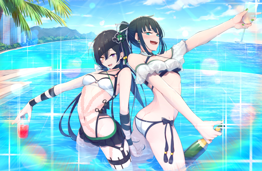2girls, @_@, aqua_eyes, ass, bikini, black_hair, blue_sky, bottomless