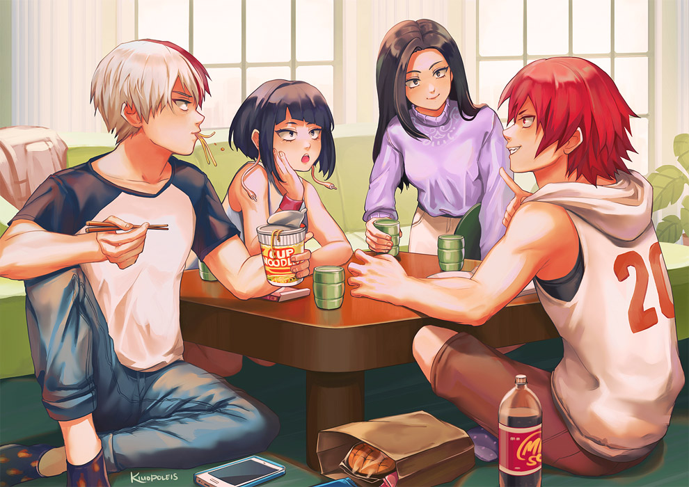 2boys, 2girls, alternate_hairstyle, black_hair, boku_no_hero_academia, breasts, cellphone, cola, commentary, couch, denim, eating, food, indoors, jeans, jiro_kyoka, kimopoleis, kirishima_eijirou, long_hair, medium_breasts, multiple_boys, multiple_girls, noodles, pants, phone, plant, red_hair, shirt, short_hair, shorts, sitting, smartphone, smile, socks, sportswear, sweater, table, teeth, todoroki_shoto, upper_teeth_only, white_hair, white_shirt, yaoyorozu_momo
