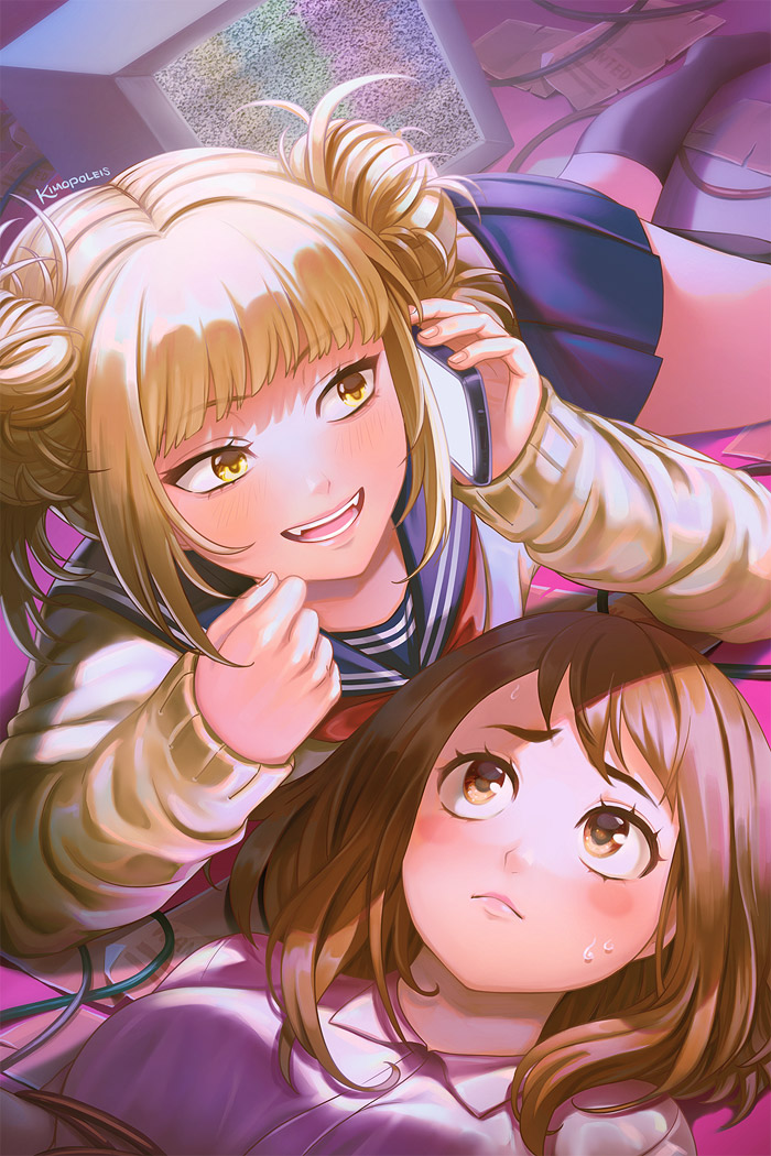 2girls, artist_name, black_socks, blonde_hair, blunt_bangs, blush, blush_stickers, boku_no_hero_academia, breasts, brown_eyes, brown_hair, cardigan, double_bun, fangs, hair_bun, kimopoleis, kneehighs, long_sleeves, lying, messy_hair, multiple_girls, on_ground, open_mouth, pleated_skirt, school_uniform, serafuku, short_hair, skirt, smile, socks, sweatdrop, teeth, television, toga_himiko, uraraka_ochako, yellow_eyes