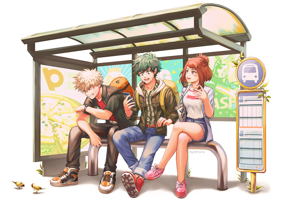 1girl, 2boys, all_might, bakugou_katsuki, black_jacket, black_legwear, blonde_hair, blush_stickers