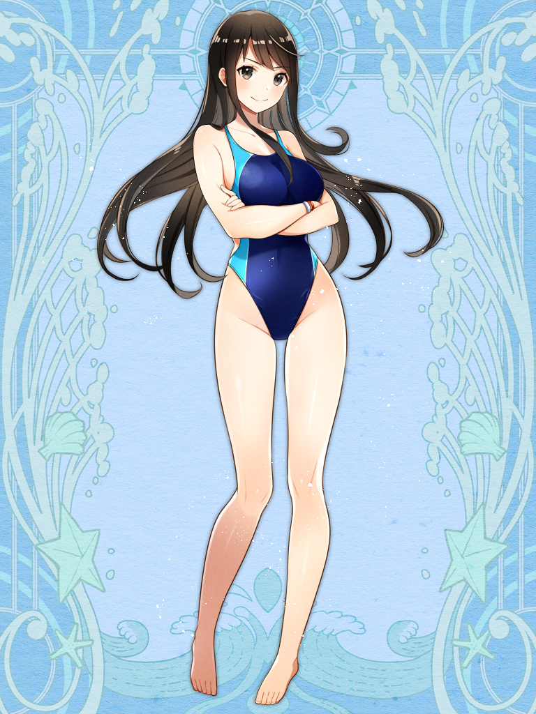 >:), 1girl, akifuyu_haruko, barefoot, black_eyes, black_hair, blue_one-piece_swimsuit, closed_mouth