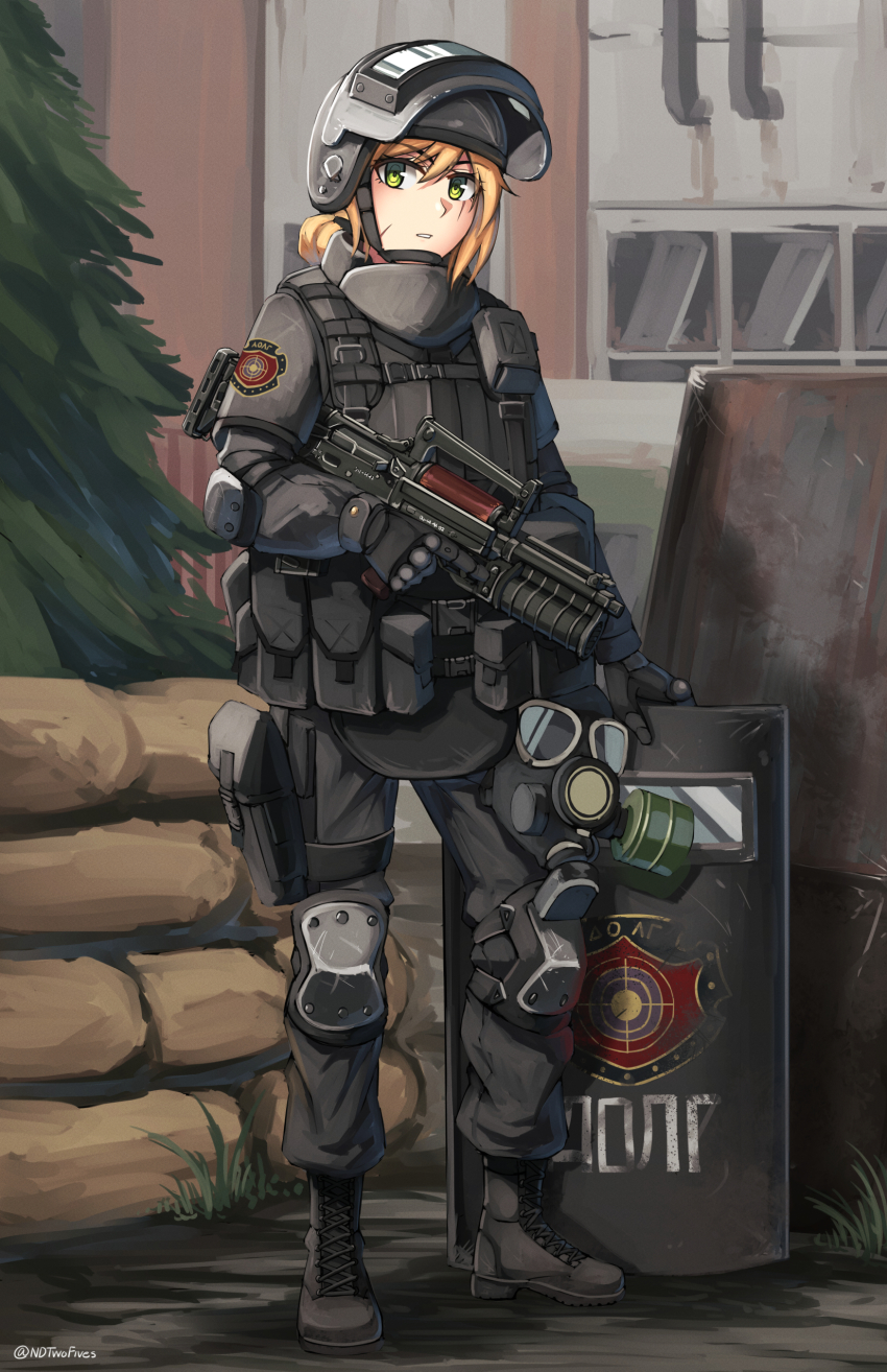 1girl, absurdres, arsenal_ad, assault_rifle, ballistic_face_shield, ballistic_helmet, ballistic_shield, black_boots, black_gloves, black_jacket, black_pants, boots, building, bullpup, caseless_firearm, commentary, day, english_commentary, facial_scar, female_focus, gas_mask, gloves, gp-30, green_eyes, grenade_launcher, grey_headwear, gun, hair_between_eyes, helmet, highres, holding, holding_gun, holding_weapon, izhmash, jacket, kalashnikov_concern, lace-up_boots, long_sleeves, looking_at_viewer, mask, ndtwofives, ots-14_groza, outdoors, pants, parted_lips, pine_tree, pmk-3, rifle, riot_shield, sandbag, scar, scar_across_eye, scar_on_cheek, scar_on_face, shield, solo, stalker_(game), standing, stc_delta, tree, trigger_discipline, tskib_soo, twitter_username, underbarrel_grenade_launcher, weapon, zastava_arms