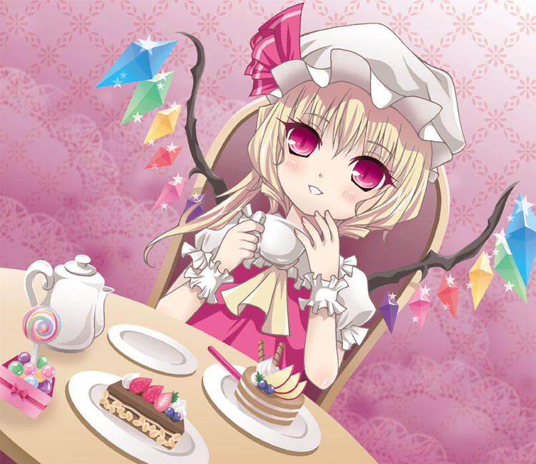 1girl, bad_id, bad_pixiv_id, blonde_hair, cake, candy, female_focus, flandre_scarlet, food, hat, minogame, opa, pastry, ponytail, red_eyes, short_hair, side_ponytail, slit_pupils, solo, tea, touhou, wings