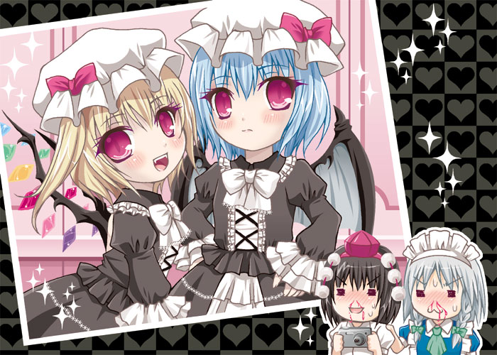4girls, :3, alternate_costume, bat_wings, black_hair, blonde_hair, blood, blue_hair