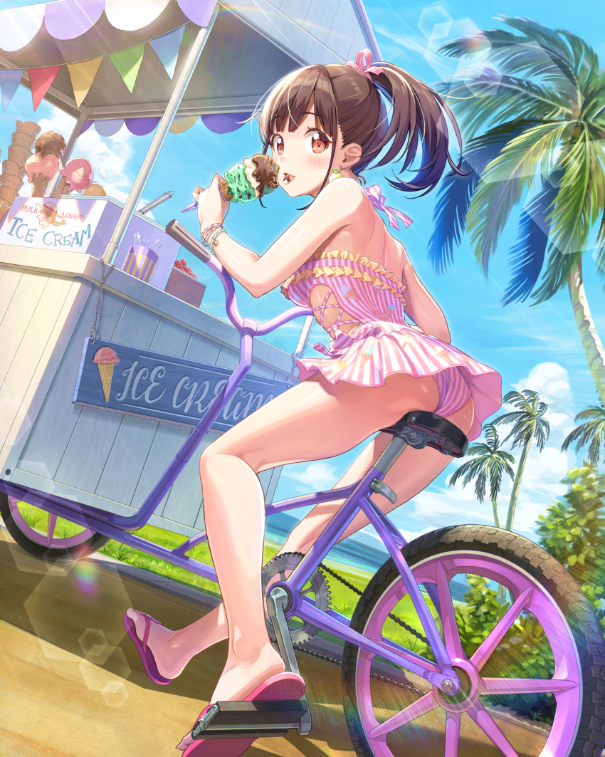 1girl, ass, back, bare_arms, bare_legs, bare_shoulders, beach, bicycle