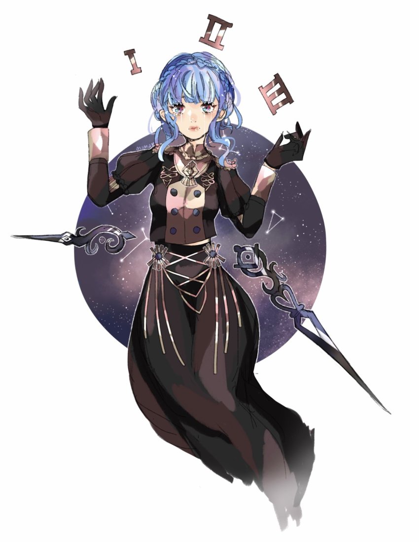 1girl, black_gloves, blue_hair, braid, closed_mouth, crown_braid, epaulettes, female_focus