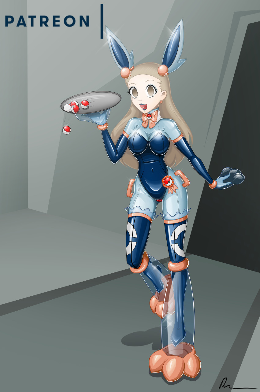 absurdres, animal_ears, blue_bodysuit, blue_gloves, blue_lips, bodysuit, bow, breasts