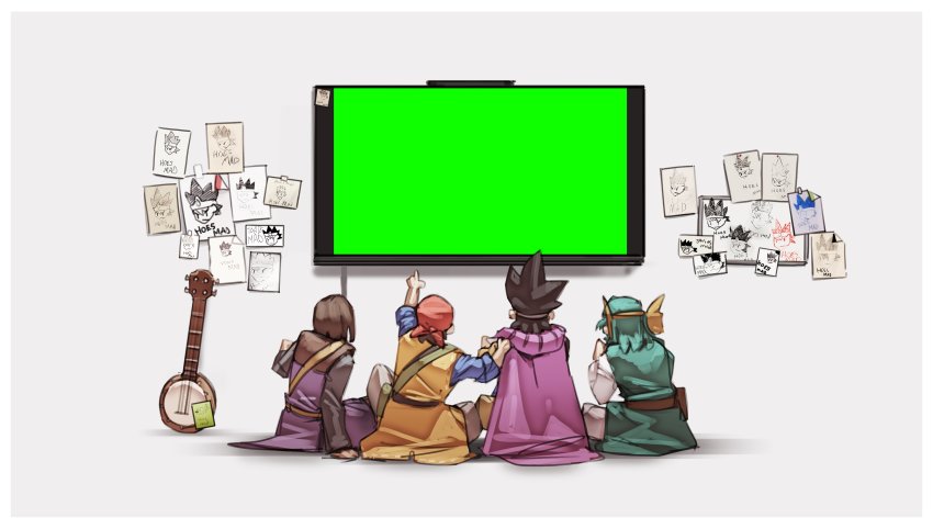 4boys, absurdres, arm_support, bandana, banjo, belt, black_hair, brown_hair