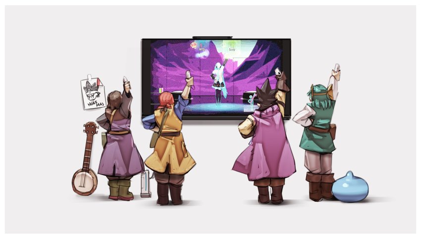 4boys, absurdres, arm_up, bandana, banjo, black_hair, bob_cut, boots, brown_footwear, brown_hair, cape, circlet, controller, dancing, dragon_quest, dragon_quest_iii, dragon_quest_iv, dragon_quest_viii, dragon_quest_xi, game_console, game_controller, green_hair, green_tunic, grey_background, hatsune_miku, hero_(dq11), hero_(dq3), hero_(dq4), hero_(dq8), highres, hoes_mad_(meme), instrument, just_dance, male_focus, meme, mullet, multiple_boys, nin_nakajima, nintendo, playing_games, playing_video_games, purple_cape, red_headwear, roto_(dq3), simple_background, sleeves_rolled_up, slime_(dragon_quest), super_smash_bros., television, tunic, vocaloid, wii, wii_remote, yellow_boots