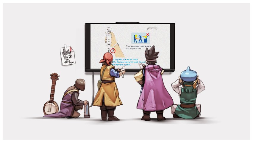 4boys, absurdres, bandana, banjo, boots, cape, circlet, controller