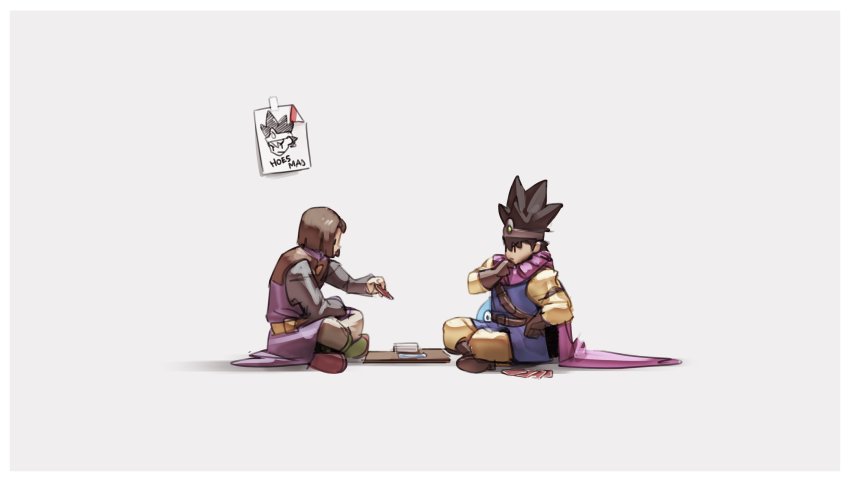 2boys, absurdres, belt, black_hair, bob_cut, brown_gloves, brown_hair, brown_pants