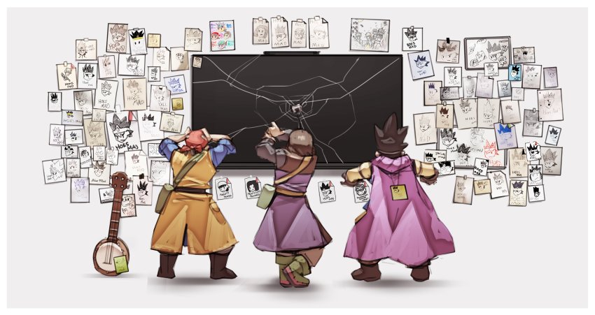 3boys, absurdres, bandana, banjo, boots, broken_screen, brown_footwear, brown_gloves