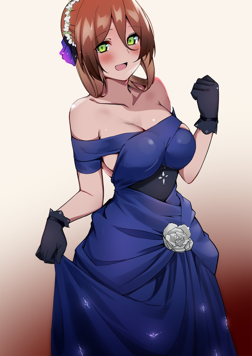 1girl, :d, bad_id, bad_twitter_id, bare_shoulders, black_gloves, blue_dress, blush