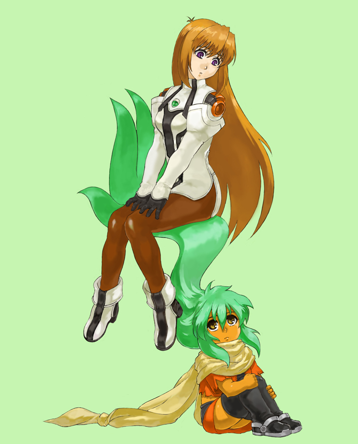 2girls, brown_eyes, brown_hair, chair, elhaym_van_houten, emerada_(xenogears), green_hair, long_hair