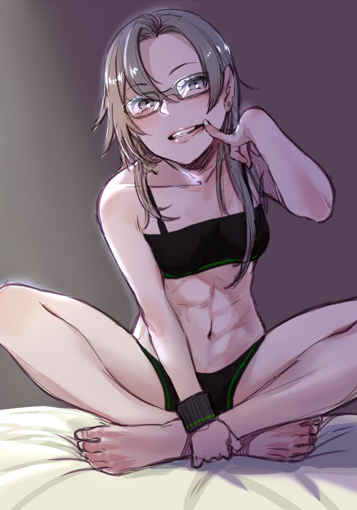 1girl, abs, amagiri_(kancolle), bad_id, bad_twitter_id, bed_sheet, bra, crossed_legs