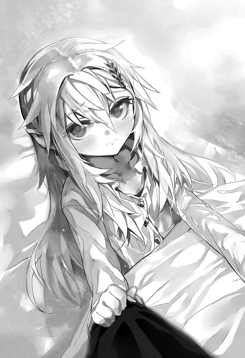 1girl, closed_mouth, collarbone, death_march_kara_hajimaru_isekai_kyousoukyoku, dress_shirt, female_focus, frown, greyscale, hair_intakes, hair_ornament, highres, long_hair, long_sleeves, looking_at_viewer, mia_(death_march), monochrome, novel_illustration, official_art, on_bed, pointy_ears, pov, shirt, shrimpman, sitting, solo, under_covers, very_long_hair