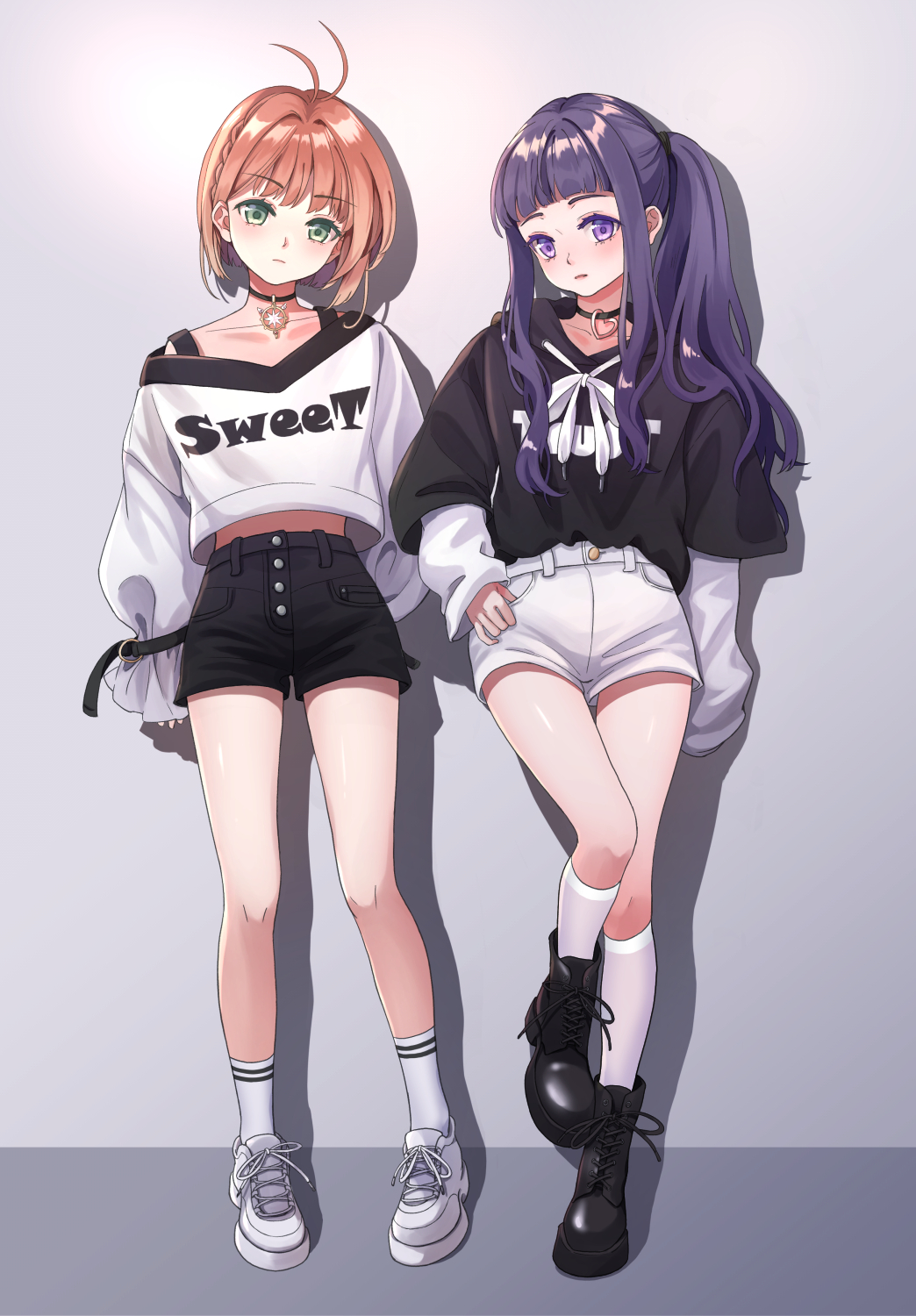 2girls, against_wall, antenna_hair, black_shorts, blunt_bangs, boots, brown_footwear, brown_hair