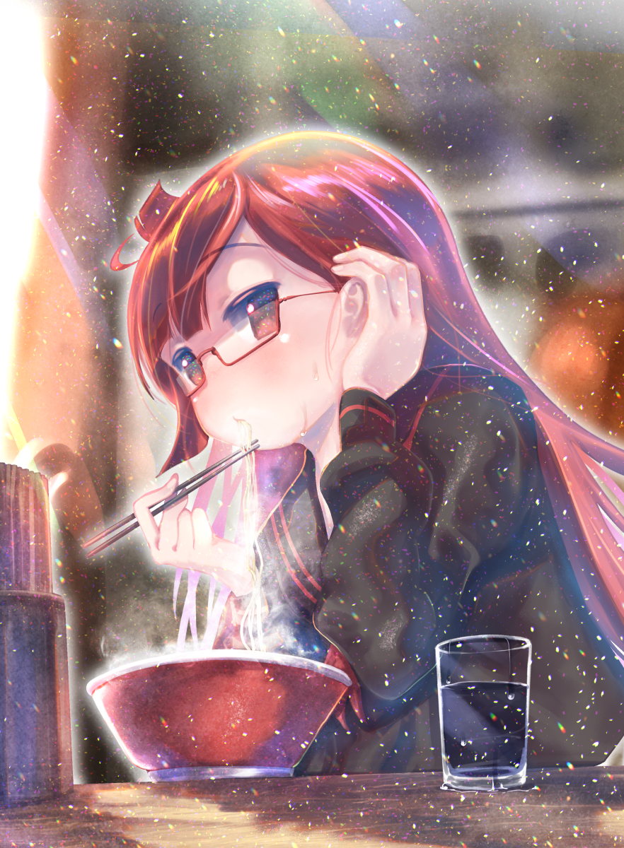 1girl, ahoge, black_serafuku, black_shirt, bowl, chopsticks, closed_mouth, commentary_request
