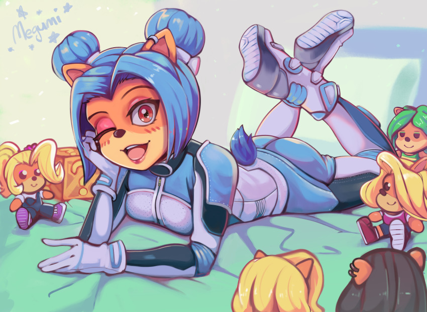 6+girls, absurdres, ami_bandicoot, ass, bed, black_hair, blonde_hair, blue_hair, blush, bodysuit, boots, breasts, brown_eyes, cameo, character_doll, character_name, coco_bandicoot, crash_bandicoot_(series), doll, double_bun, furry, furry_female, gloves, green_hair, hair_bun, hair_over_one_eye, highres, isabella_bandicoot, liz_bandicoot, long_hair, looking_at_viewer, lying, megumi_(crash_bandicoot), multiple_girls, on_stomach, one_eye_closed, open_mouth, shiny_clothes, short_hair, smile, stuffed_animal, stuffed_toy, tail, tawna_bandicoot, toasty_scones, wink