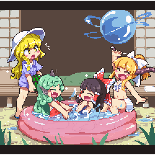 4girls, :d, :o, ^^^, ^_^, adapted_costume, bikini, black_hair