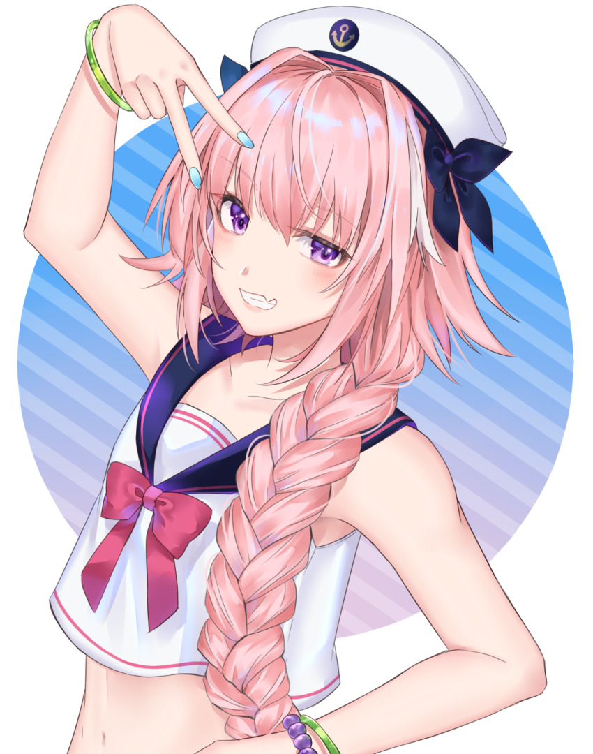1boy, arm_up, astolfo_(fate), azaka_(rionrita), bare_shoulders, blue_nails, blush, braid