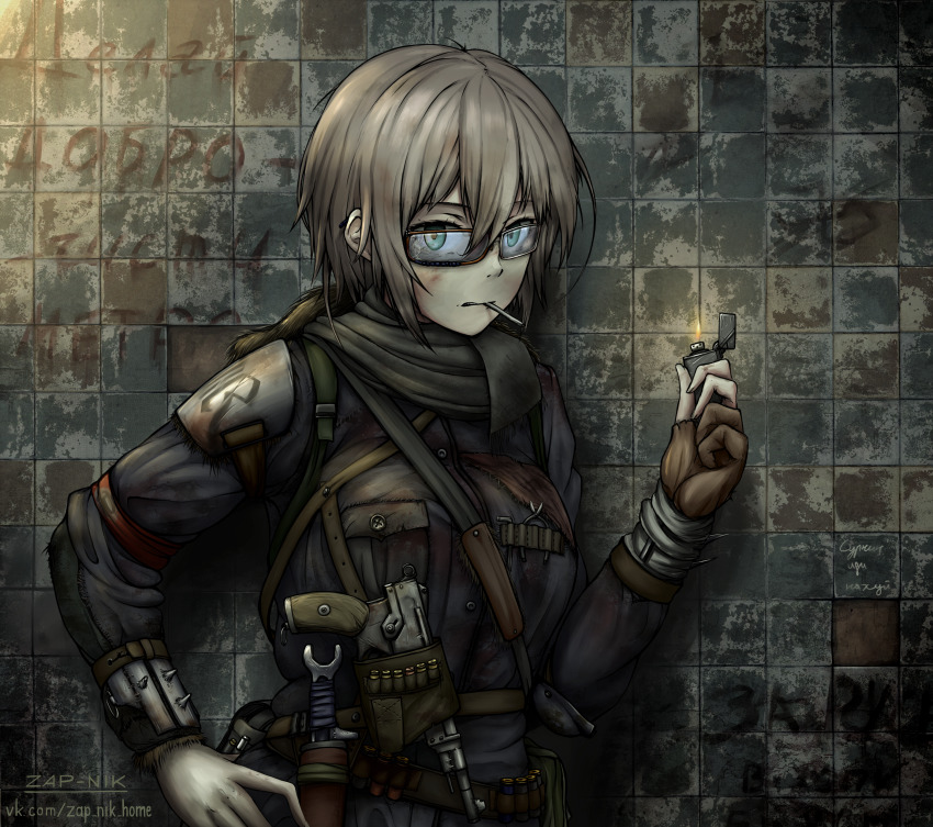 1girl, absurdres, aqua_eyes, blonde_hair, cigarette, commentary, english_commentary, female_focus